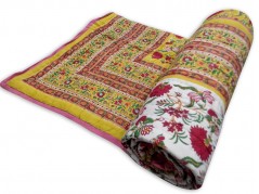 Double Bed Jaipuri Quilt / Razai Hand Block Printing Floral Design Size 90*108